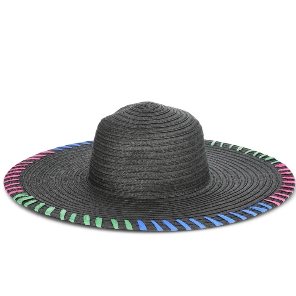 NWT Women’s Time & Tru Black Straw Floppy Hat Wide Brim Whipstitch‎ Summer